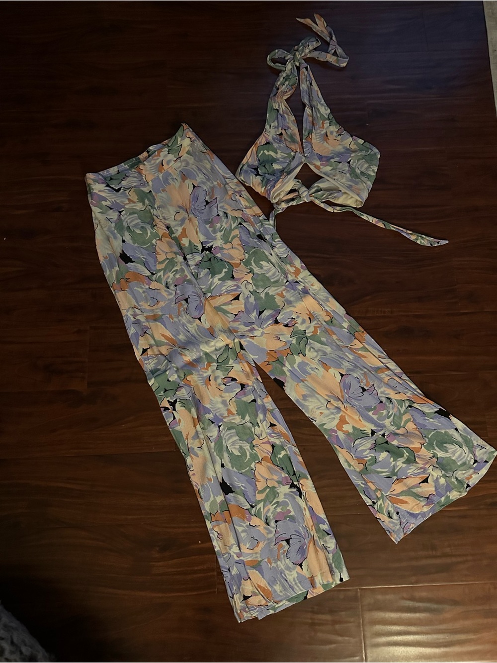Lulu's Pastel Floral Wide-Leg Pants with Matching Halter Top